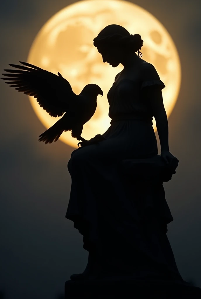 masterpiece,flying bird silhouette, Silhouette of an owl flying off her shoulder of the goddess Athena,from behind, Moonlight illuminates only Athena,quality, high quality,best quality,  details,  high definition model ,  blurred background , Chiaroscuro, 