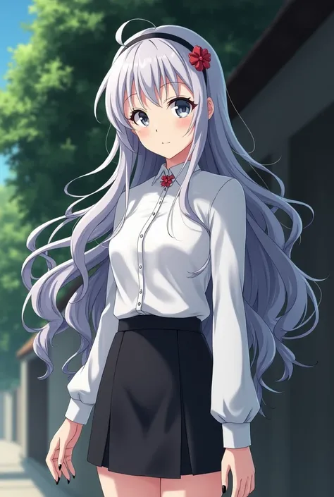   pretty girl  , in anime style, Nineteen, 175 cm  , with light grey eyes ,   with long wavy hair  ,  with hidden hair coloring :  white on the outside and black on the inside,   second-size chest  ,   dressed in a white shirt and dressed in black and shor...