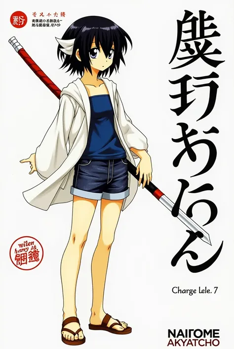  A cover of a manga called Naitome Akyatchā ,  the protagonist has black hair with white highlights, a white blouse,  a blue tank top ,  a blue black shorts and brown sandals ,  she has a red and white katana and a seal that bears her name, What is Cryo , ...