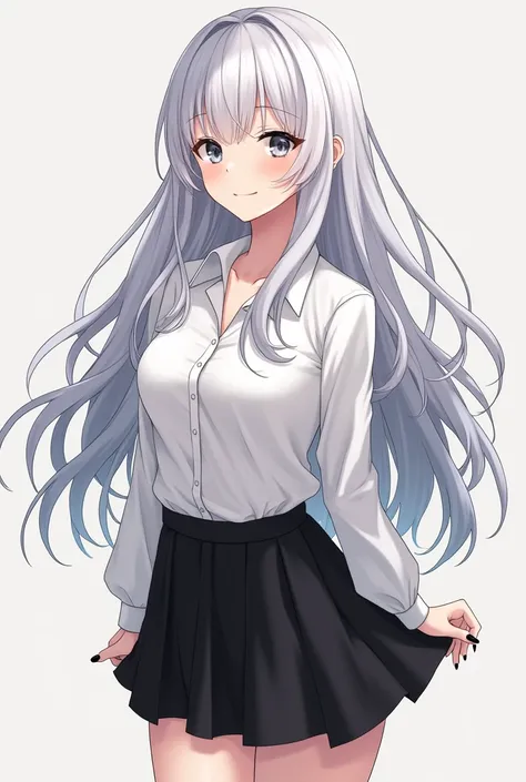   pretty girl  , in anime style, Nineteen, 175 cm  , with light grey eyes ,   with long wavy hair  , with hidden hair coloring :  white on the outside and black on the inside,   second-size chest  ,   dressed in a white shirt and dressed in black and short...