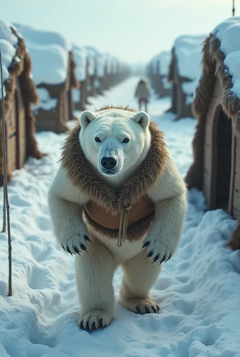 photo of an anthropomorphic polar bear  ,  seen from top to bottom ,  walking in an arctic civilization from igloos covered with a deerskin garment to withstand the cold   