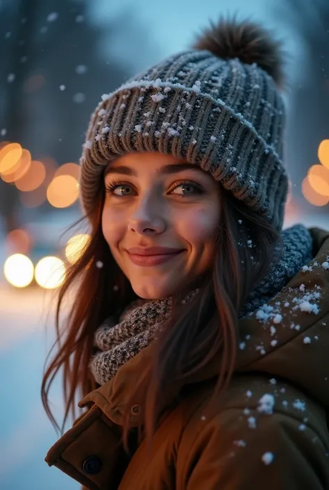 foto RAW, Award-Winning Portrait of a 21-Year-Old Italian Girl, beautiful, big smile, light green eyes, brown skin,  playing snowball behind a car , winter, snow on the street , winter coat and hat,  Dark Blonde Hair , outside, Central Park at night , ( de...