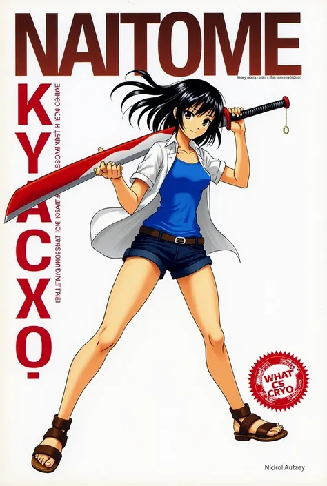  A cover of a manga called Naitome Akyatchā , The protagonist has black hair with white highlights , a white blouse,  a blue tank top ,  a blue black shorts and brown sandals ,  she has a red and white katana and a seal that bears her name, What is Cryo , ...