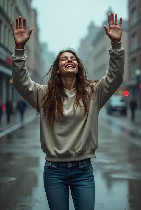 happy woman, Hands raised up, in the rain, wet, smiling, jeans, sweatshirt,  brown hair , FIRST WORK, masterpiece, better quality 16k, front view.