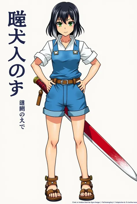  A cover of a manga called Naitome Akyatchā , The protagonist has black hair with white highlights , a white blouse,  a blue tank top ,  a blue black shorts and brown sandals , She has a red and white katana and green eyes