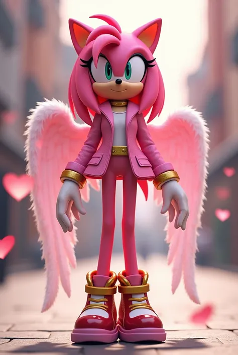 Amy Rose the hedgehog is very tall with longer hair, appearing as a love angel. She wears a charming womans jacket, with the sleeves slightly rolled up. Her outfit includes long pants and boots. Her body color is a deep pink, and she is smiling.