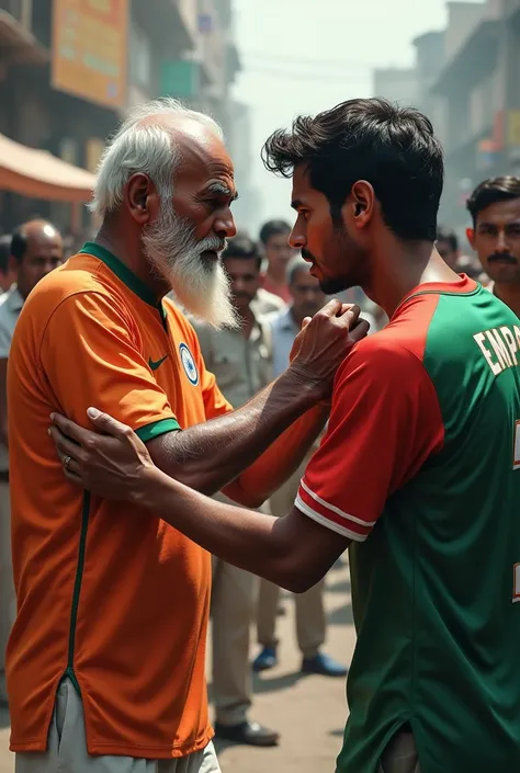 A old indian man wearing india jerssy  try to take money from Bangladesh man wearing  Jersey of Bangladesh 