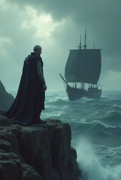  An emotional scene in which King Aegeus , from a cliff ,  observes Theseus ship approaching with black sails ,  while his face reflects desperation and the impending tragedy