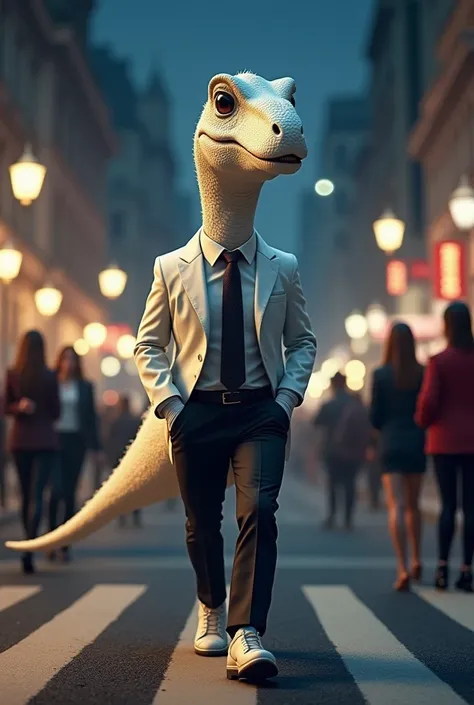 White dinosaur with a confident face, of suit and trousers gala dresses, crossing the avenue with one hand in his pockets at night, earning the looks of the women around him