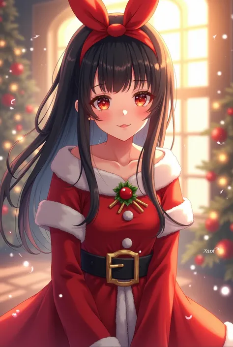 a woman,  black hair, Christmas clothes,  anime style , realism, Alone, rays of light,  high resolution ,  full body , smiling