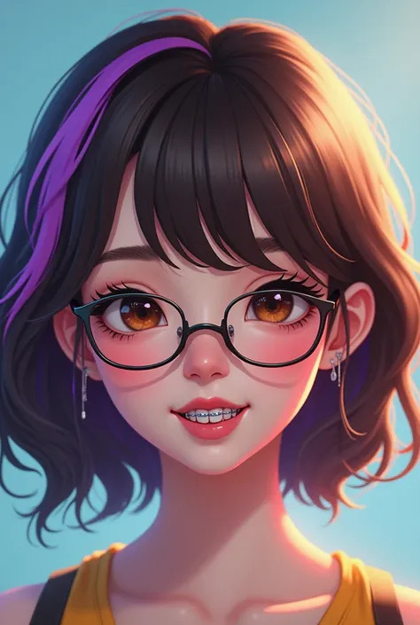 Young , K-pop fan who wears very short ...brown with ONLY ONE purple flick on the front on the left side. she is very white,  has thick lips ,She wears glasses and braces.
 brown eyes .