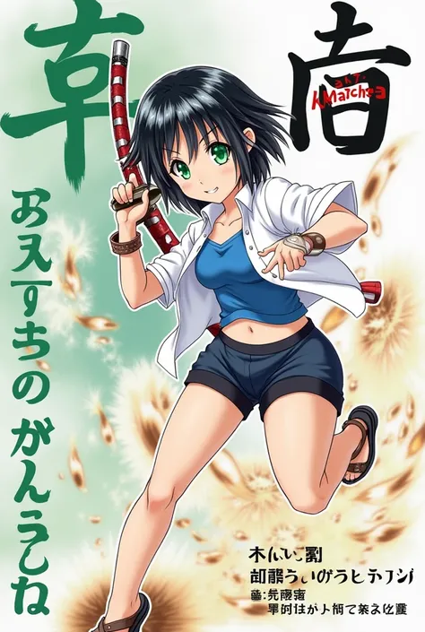  A cover of a manga called Naitome Akyatchā , The protagonist has black hair with white highlights , a white blouse,  a blue tank top ,  a blue black shorts and brown sandals , She has a red and white katana and green eyes, Does she have to be in a fightin...