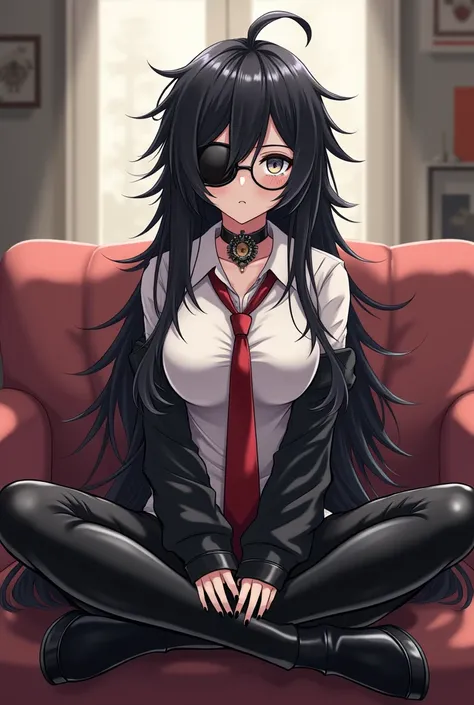 anime,  long black hair in a jumble,  left eye patch,  right eye gray ,  white low-cut shirt ,  red tie , steampunk glasses ,  black leggings pants , black boots,  short black gloves ,  choker , Sitting cross-legged on a sofa, Living room background.