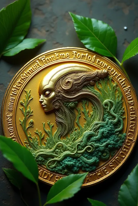 Alienskin artist gold coin with inscriptions "fangone forest forever" in English. Includev3 Green leaves.