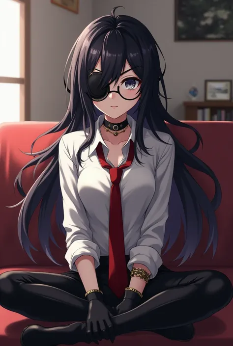 anime,  long black hair in a mess,  left eye patch,  right eye gray , white unbuttoned shirt and ,  red tie , steampunk glasses ,  black leggings pants , black boots,  short black gloves ,  choker , Sitting cross-legged on a sofa, Living room background.