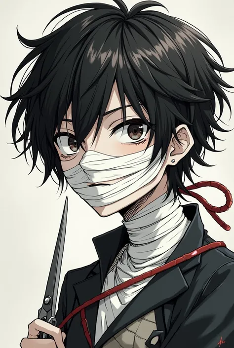 anime boy with bandages on his face and a pair of scissors, Popular in the comic ,  Pixie drawn by Shingei,  what is it ?, covered in bandages,  Miura Kentaro manga style , bandage, with wires and bandages, Levi Ackerman, ( ( ( Yoshinari Yo ) ) ),  Kentaro...