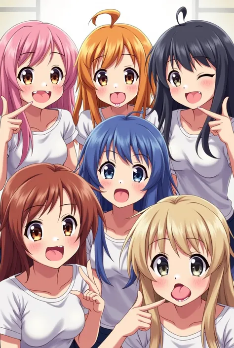 6 girls, Looking at viewer, Open Mouth, tongues out, anime