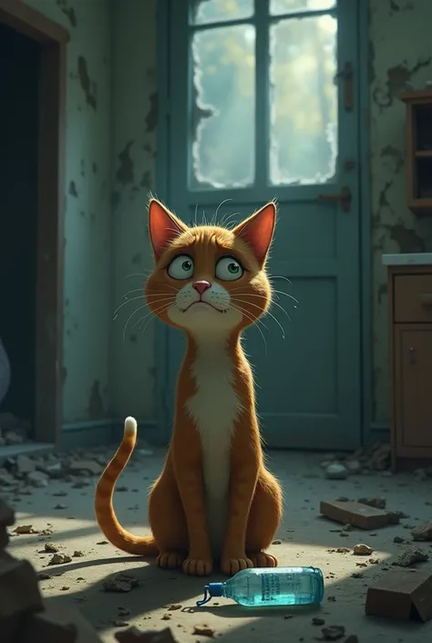 An animated cat standing crying in a building with a bottle of water drinking and crying 