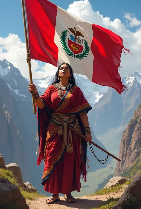 Inca woman from Peru raising the Peruvian flag