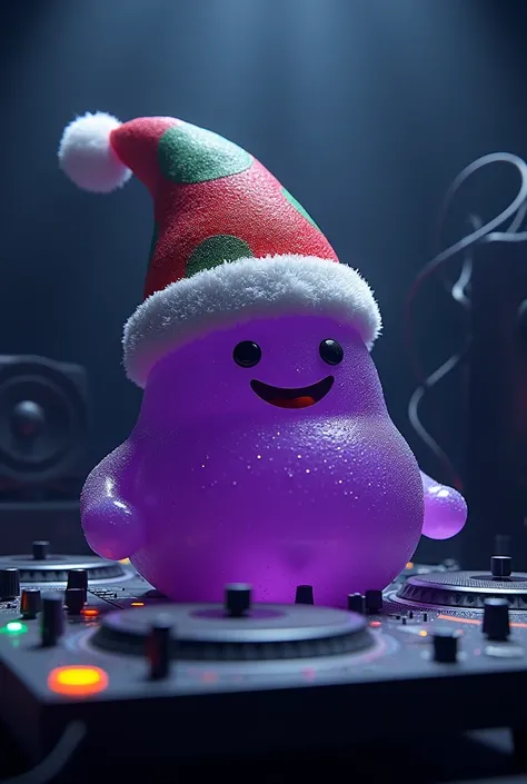 purple gummy with a christmas hat and the dj set with dark background