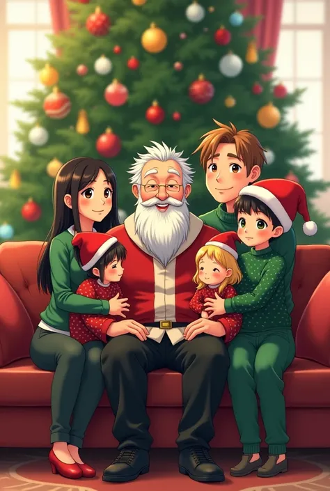 A detailed anime-style photo of a family in a Christmas setting. At the center, an older man (70) with white hair wears a Santa jacket and black pants. To his right, a young woman (26) with long black hair wears a green polka-dot sweater and sweatpants. To...