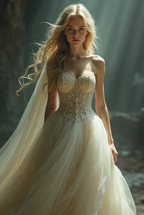 When all hopes were lost, there was a girl. She was very beautiful with her blonde wavy hair and brown eyes.she wears a bridal gown 