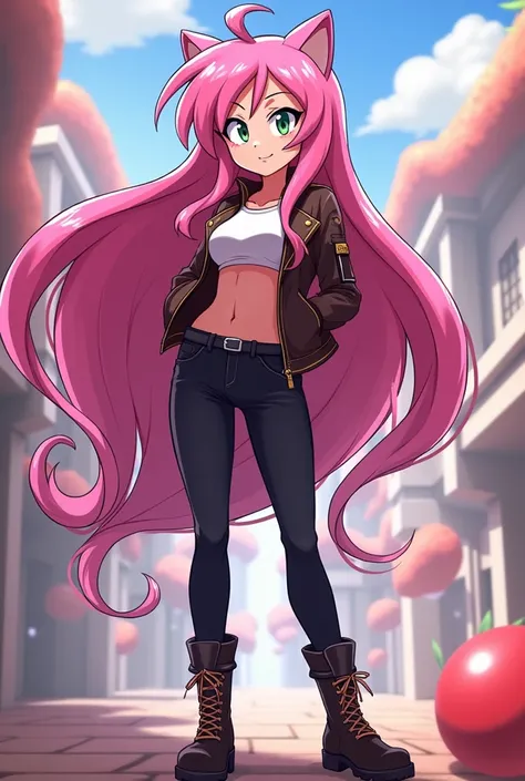 Amy Rose is tall with longer hair, appearing as a love angel. She wears a charming woman’s jacket, with the sleeves slightly rolled up. Her outfit includes black pants and boots. Her body is a deep pink color, and she is smiling. She is muscular, with a fe...