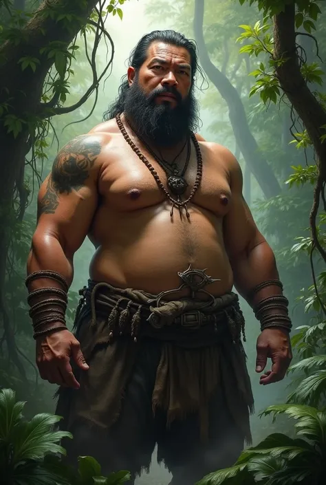 Naked asian chubby fat man 50 years old warrior in jungle