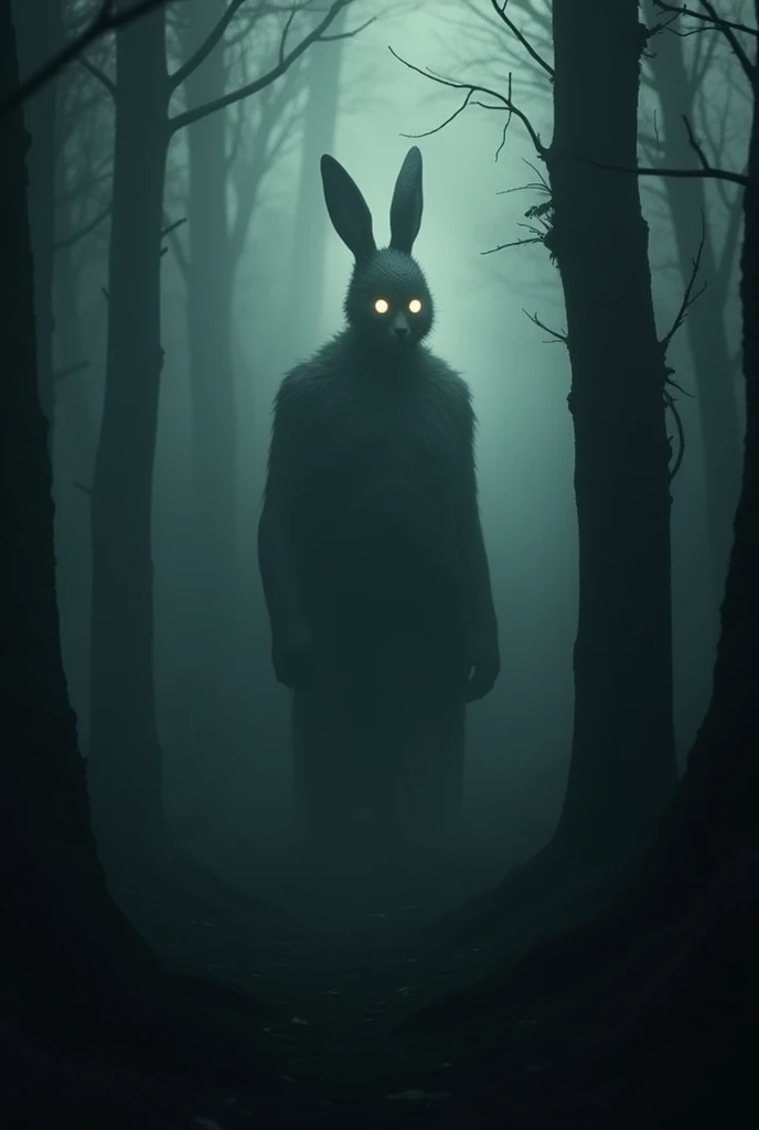 image:  The Rabbit Man lurking in the trees or in the distance in the fog. Only his bright eyes ,  stand out and his figure is almost imperceptible in the shadows .