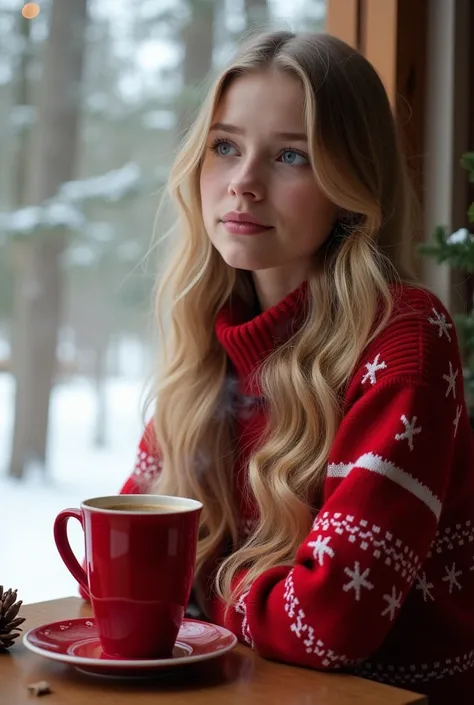 beautiful girl with blond long hair, wearing a red xmas sweater, seating  on table with red color coffee cup with hot coffee, smoke comes out of the cup, background open window, seen  full of winter xmas trees forest, xmas feeling atmosfther, 