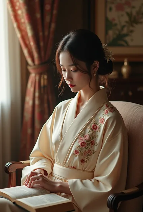 In an elegant home、 wears an embroidered silk nightgown 、 Japanese Women Quietly Enjoying Reading 。