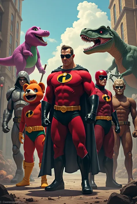  I want you to make a group of superhero ...  consisting of a person with the head of a water box, o urso Barney, Aladdin , Ted bear, bomb man,  Priest holding a wooden stick , Ice cream of the incredibles, T-Rex Dinosaur ,  White Serial Killer .