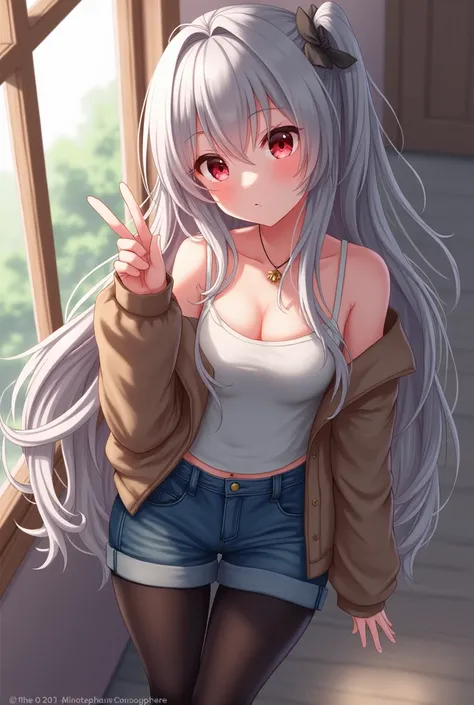 masterpiece,   top quality style , 1 girl, doggy style,  beautiful ,   high definition , Perfect Anatomy,   beautiful grey hair  、 beautiful red eyes 、long-haired、sleeveless tops 、  denim shorts、necklace、   black tights  ,  brown jacket , selfie в стиле、se...