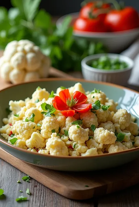 Create a beautiful and realistic photo with a great presentation of a Cauliflower Tabbouleh plate. Chop the cauliflower and garnish the dish with about 3 bouquets of small cauliflower and a tomato flower