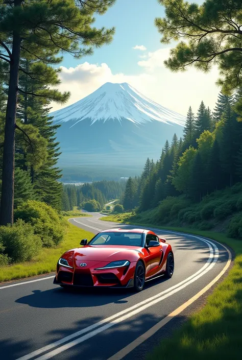 A long road with a landscape of Mount Fuji with trees on the side of the road and a Supra de Costa in the middle of the road 