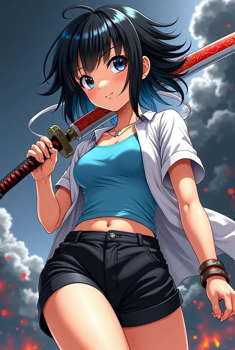 manga cover, The protagonist is  ,  black hair with white locks , a white t-shirt,  a blue tank top , a black shorts and a red and white katana,  she has to be in a proper pose or fight 