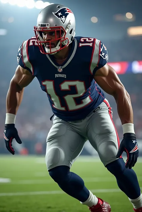 A football player on the New England Patriots make him wear a speedflex helmet with a black visor on the helmet also make him wear the number 12 make him on the field 