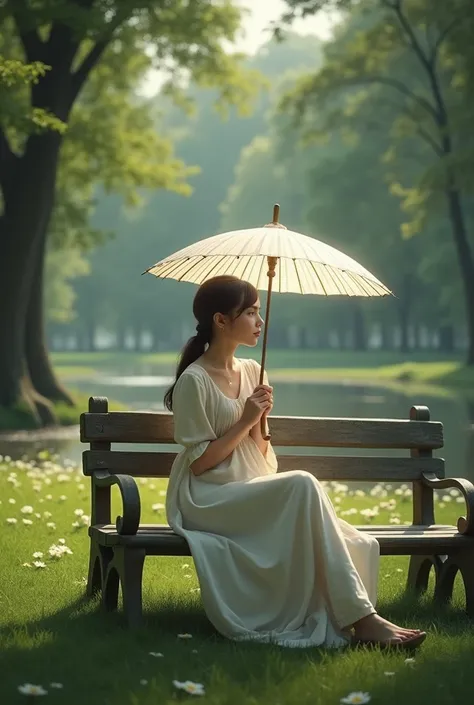 Anna Oginova in the park on a bench with an umbrella