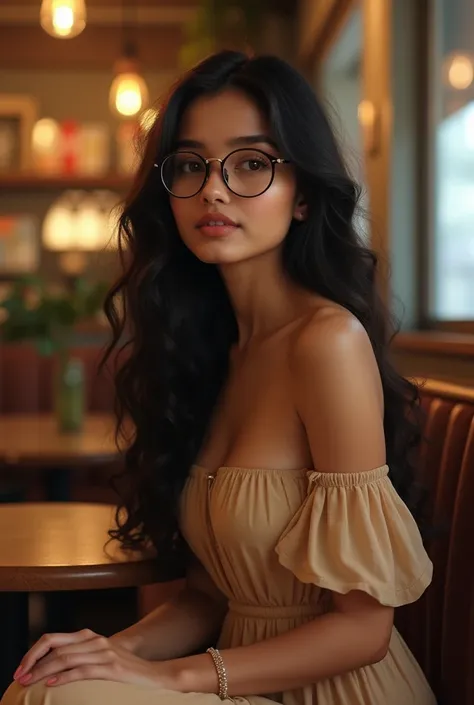 young Odia woman with long dark hair, wearing a beige off-the-shoulder dress, sitting in a cafe or restaurant setting. Wearing spectacle and anklet. 