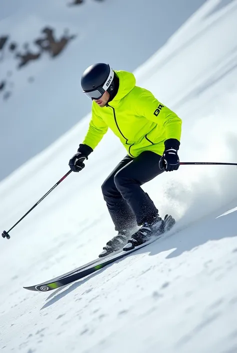 A male skier with a black pants and helmet, neon yellow jacket and boots with white Head skis on the slope