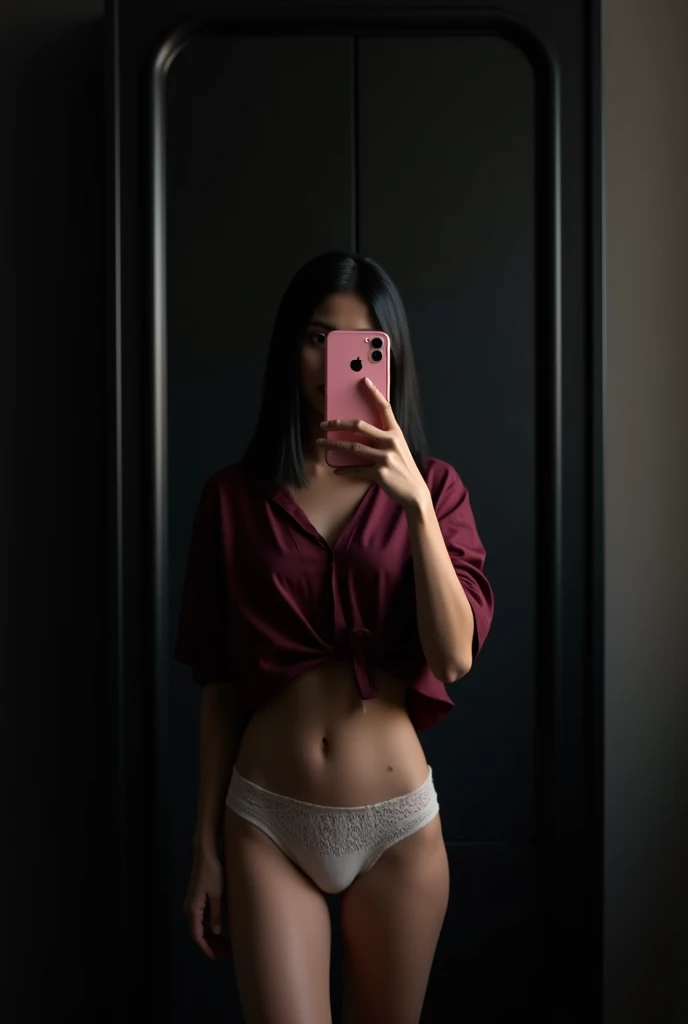 (Best quality, photorealistic: 1.2), indian teen, petite body, black straight hair, taking mirror selfie, pink iphone, very dark room, black wardrobe with closed doors covers background, maroon shirt, white lacy panties, full body photo, iphone fully cover...