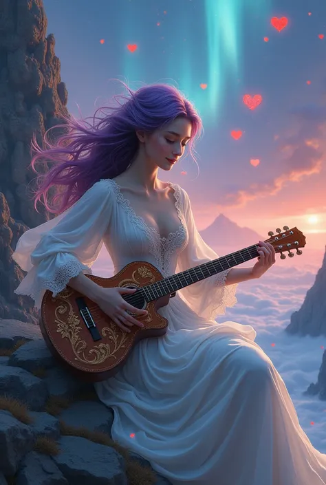 Valor apperance of beautiful, happy visage of the woman Playing on the ornamental medieval bark-made guitar in the letter „X” in a white, onamental in laces gown. With purple hair brown eyes. light  with in whole body made from opal.  sitting at the Top of...