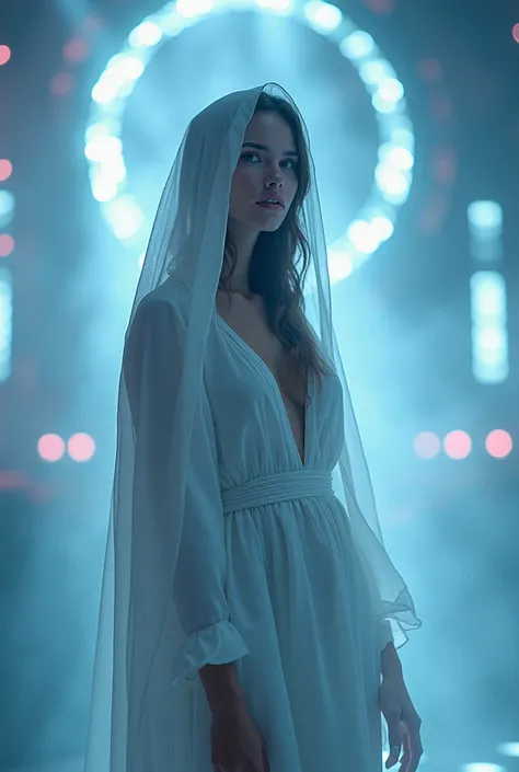 virgin mary, Electronica concert, Sensual young woman, white veil, white eyes,  white skin , 