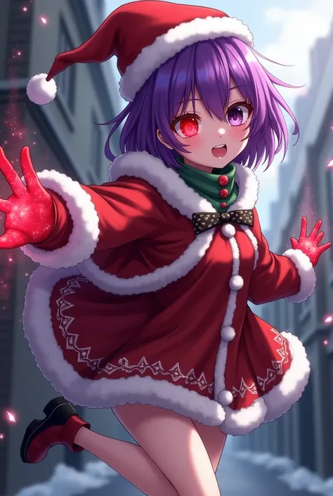 Padoru anime type with Christmas costume purple hair a single ghoul eye with his active quinque just like leaving the anime Tokyo Ghoul