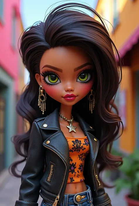 Bratz doll with 
Dark brown hair 
With green-yellow eyes 
Bigger head 