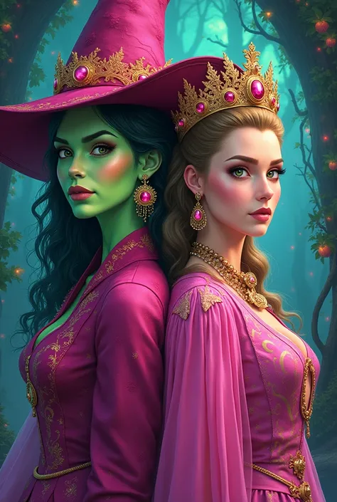 Create a paper for the banner about the movie of a witch who is green and a queen who wears everything is pink 

