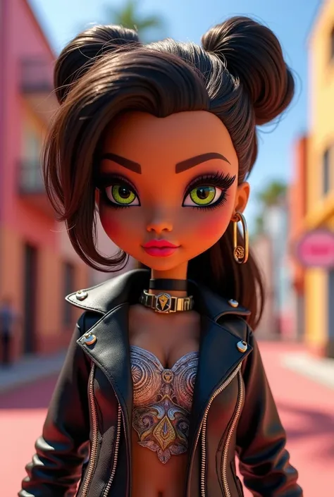 Bratz doll with 
Dark brown hair 
With green-yellow eyes 
Bigger head 