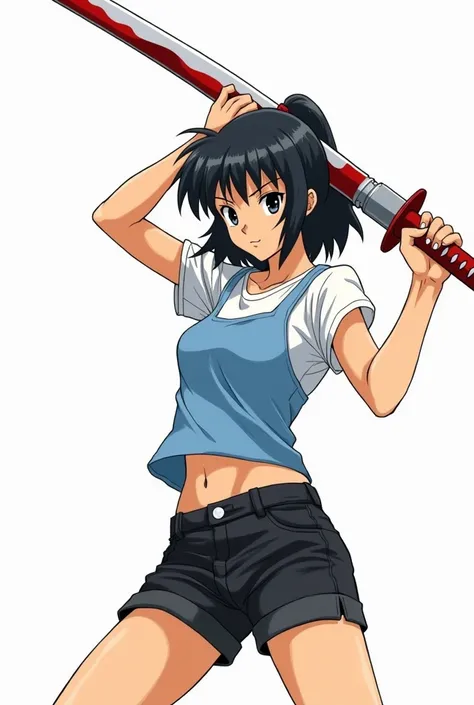 Manga cover with a 1999 anime with a white background, The protagonist is  ,  black hair with white locks , a white t-shirt,  a blue tank top , a black shorts and a red and white katana,  she has to be in a proper pose or fight 