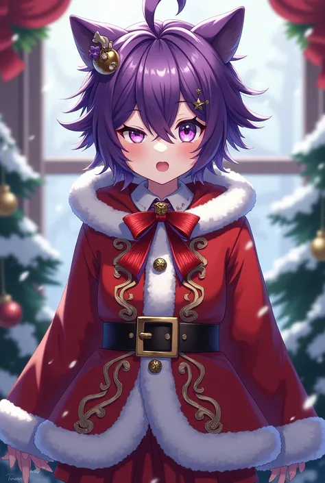 Padoru male anime type with Christmas costume purple hair one eye of a ghoul 
