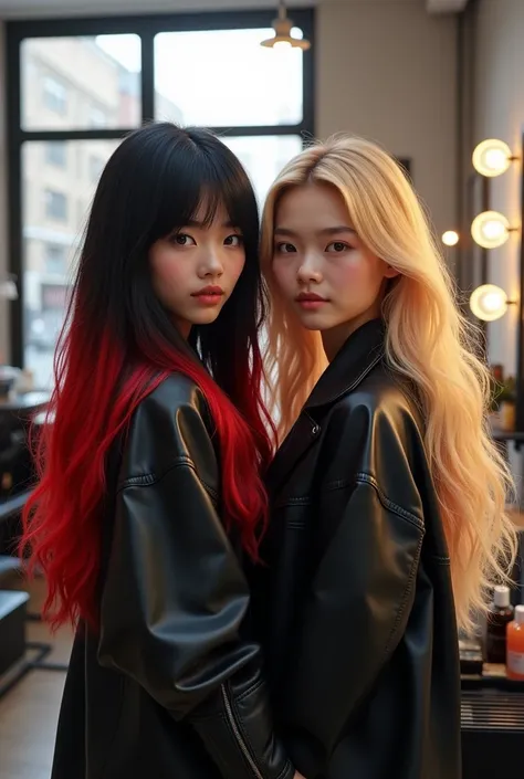 female, black long straight hair, with red tips together with her best friend, blonde long hair at a hairdresser in manhatten,
,
